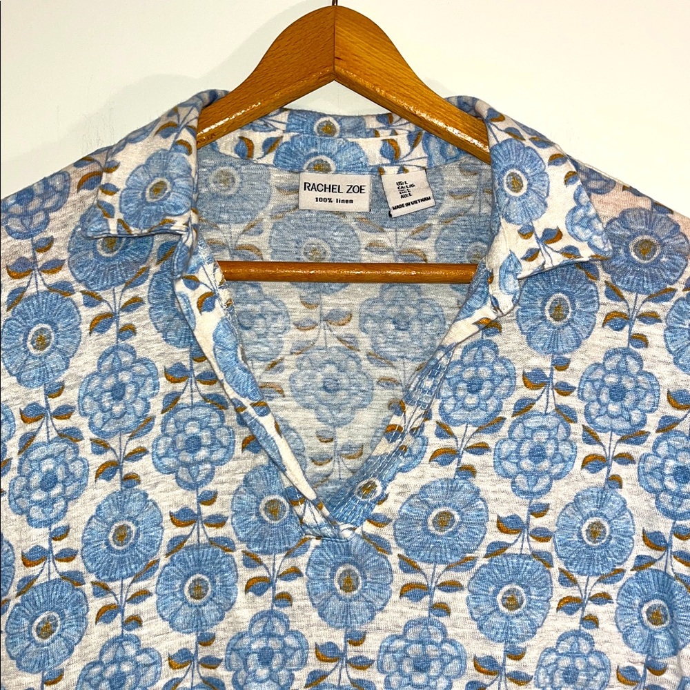 RACHEL ZOE Linen V-Neck Blouse Collared Boxy Flowy Floral Women’s Large Blue - Picture 2 of 4